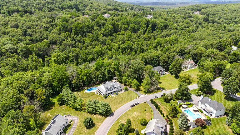 Aerial view of homes, lawns, pools and surrounding woodland
